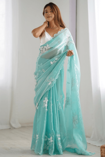 Party Wear Embroidered Net Saree with Sequins Work – Aqua Blue Saree