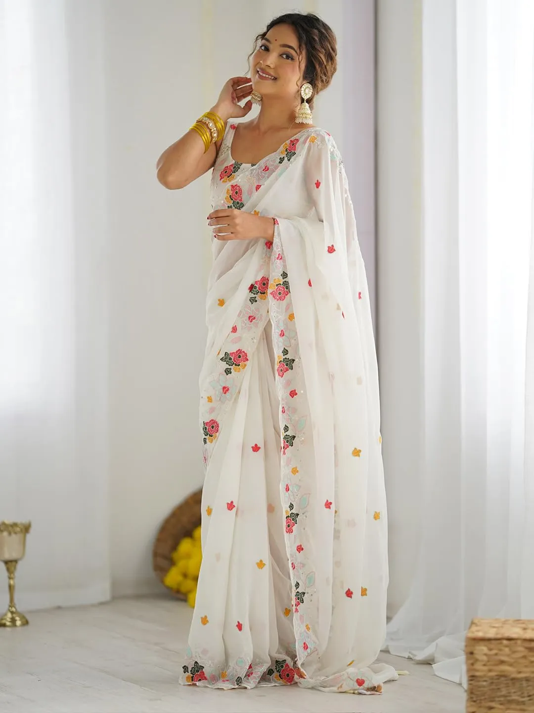 Women's Georgette Embroidered Saree with Unstitched Blouse – Elegant Party & Wedding Wear