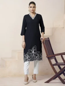 Black & White Floral Embroidered Viscose Rayon Short Kurti, Black Short Kurti, Short Black Kurti, Black Kurtis for Women, Vizame kurtis