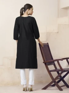 Black & White Floral Embroidered Viscose Rayon Short Kurti, Black Short Kurti, Short Black Kurti, Black Kurtis for Women, Vizame kurtis