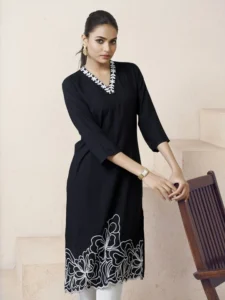 Black & White Floral Embroidered Viscose Rayon Short Kurti, Black Short Kurti, Short Black Kurti, Black Kurtis for Women, Vizame kurtis