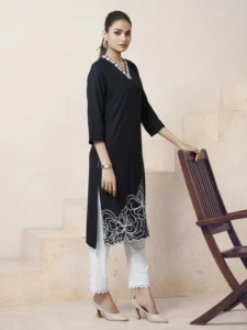 Black & White Floral Embroidered Viscose Rayon Short Kurti, Black Short Kurti, Short Black Kurti, Black Kurtis for Women, Vizame kurtis