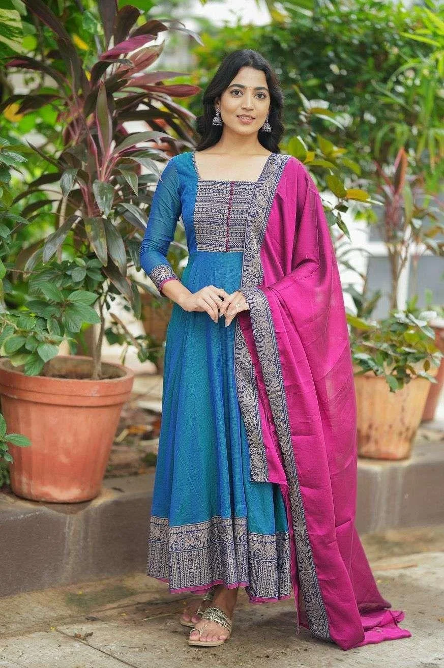 Vichitra Silk Jacquard Zari Weaving Anarkali Dress with intricate detailing for festive and ethnic wear
