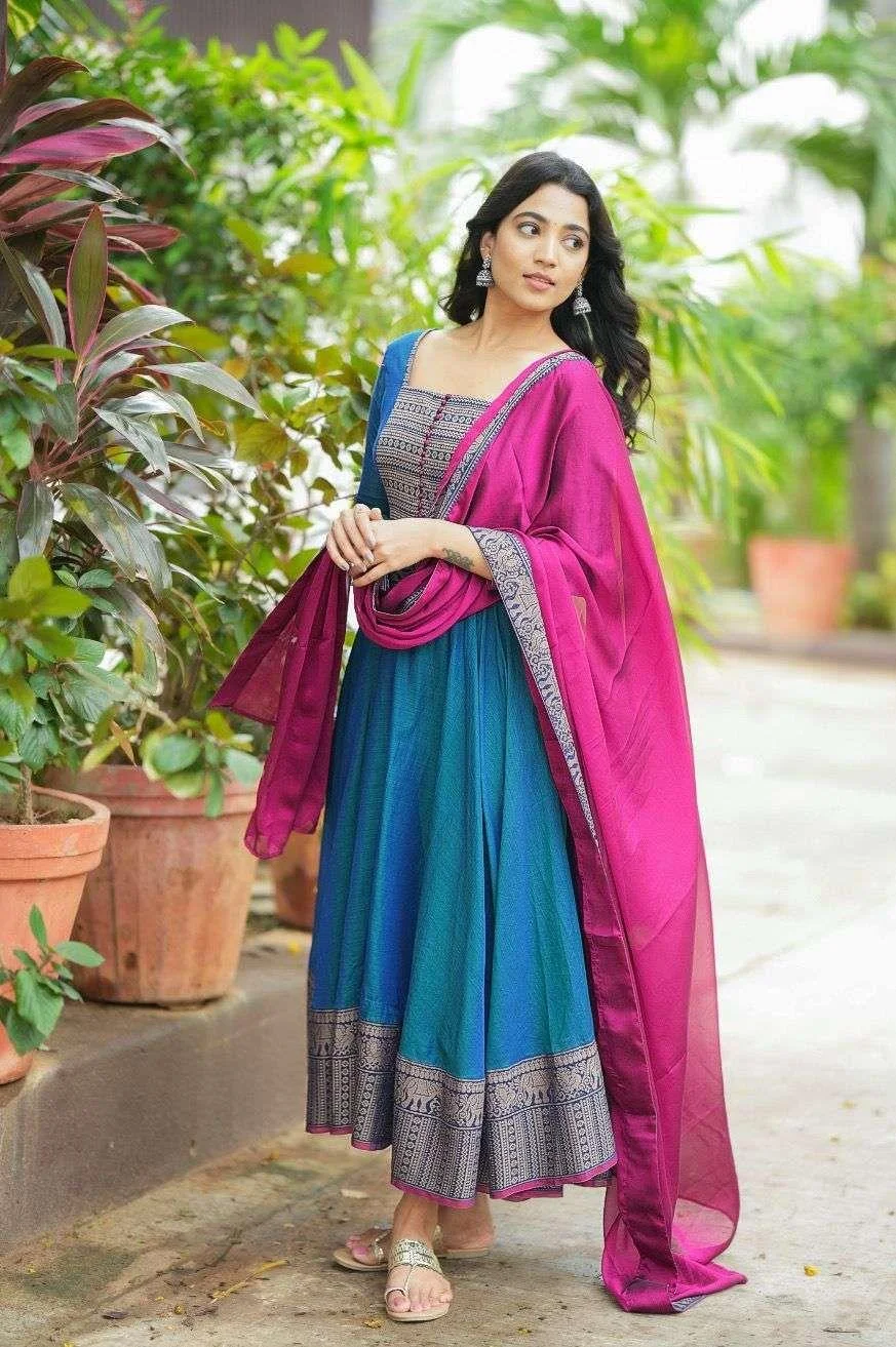 Vichitra Silk Jacquard Zari Weaving Anarkali Dress with intricate detailing for festive and ethnic wear