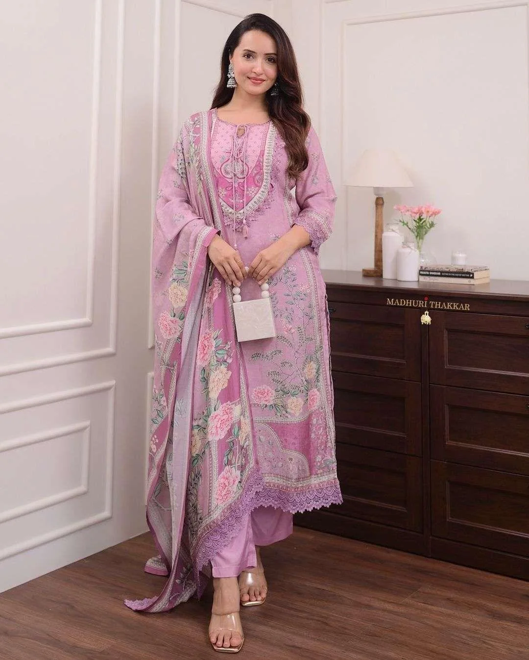 Vizame Lilac Muslin Pakistani Suit with digital prints, hand embroidery, and dupatta for women