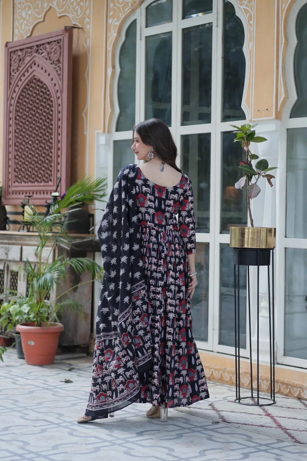 Maroon printed Anarkali suit set with dupatta in pure cotton, perfect for festive and casual wear.