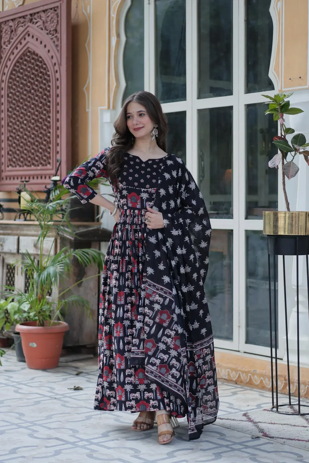 Maroon printed Anarkali suit set with dupatta in pure cotton, perfect for festive and casual wear.