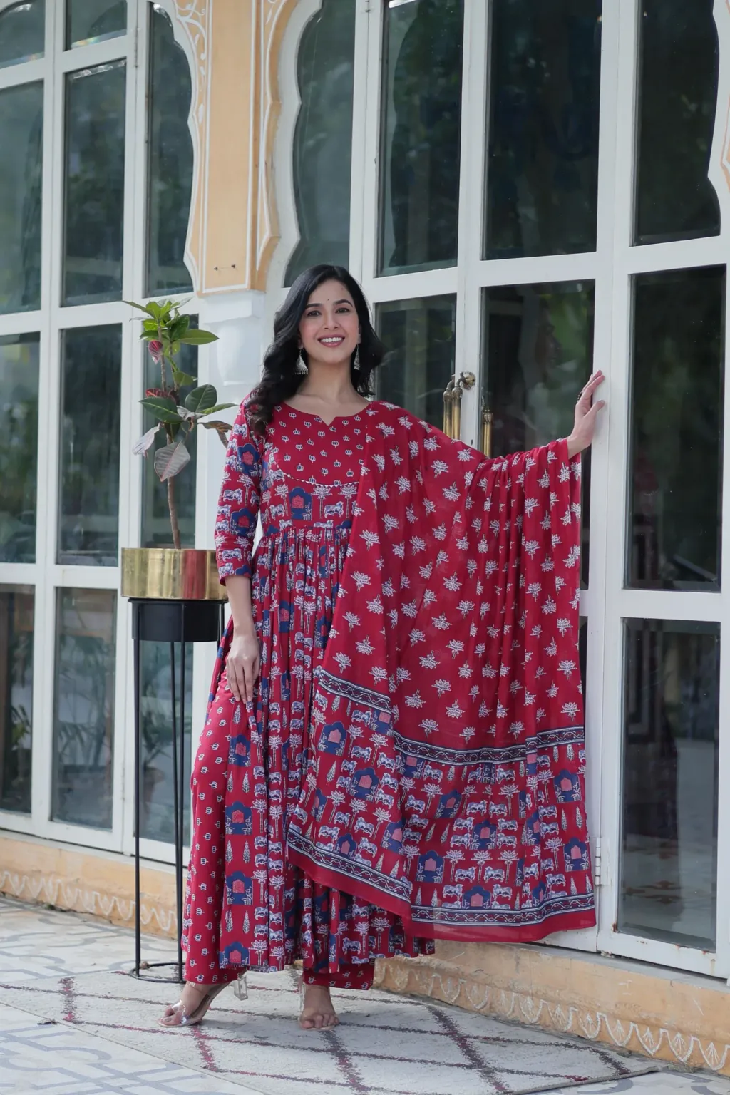 Red Printed Anarkali Suit Set with Dupatta in pure cotton.