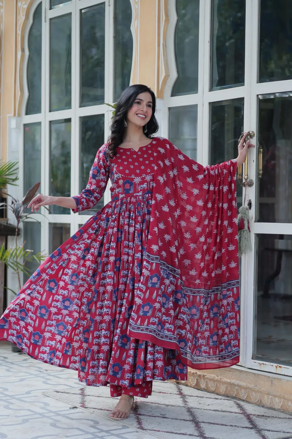 Red Printed Anarkali Suit Set with Dupatta in pure cotton.