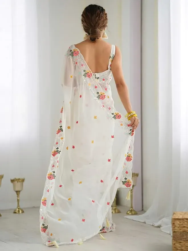 Women's Georgette Embroidered Saree with Unstitched Blouse – Elegant Party & Wedding Wear