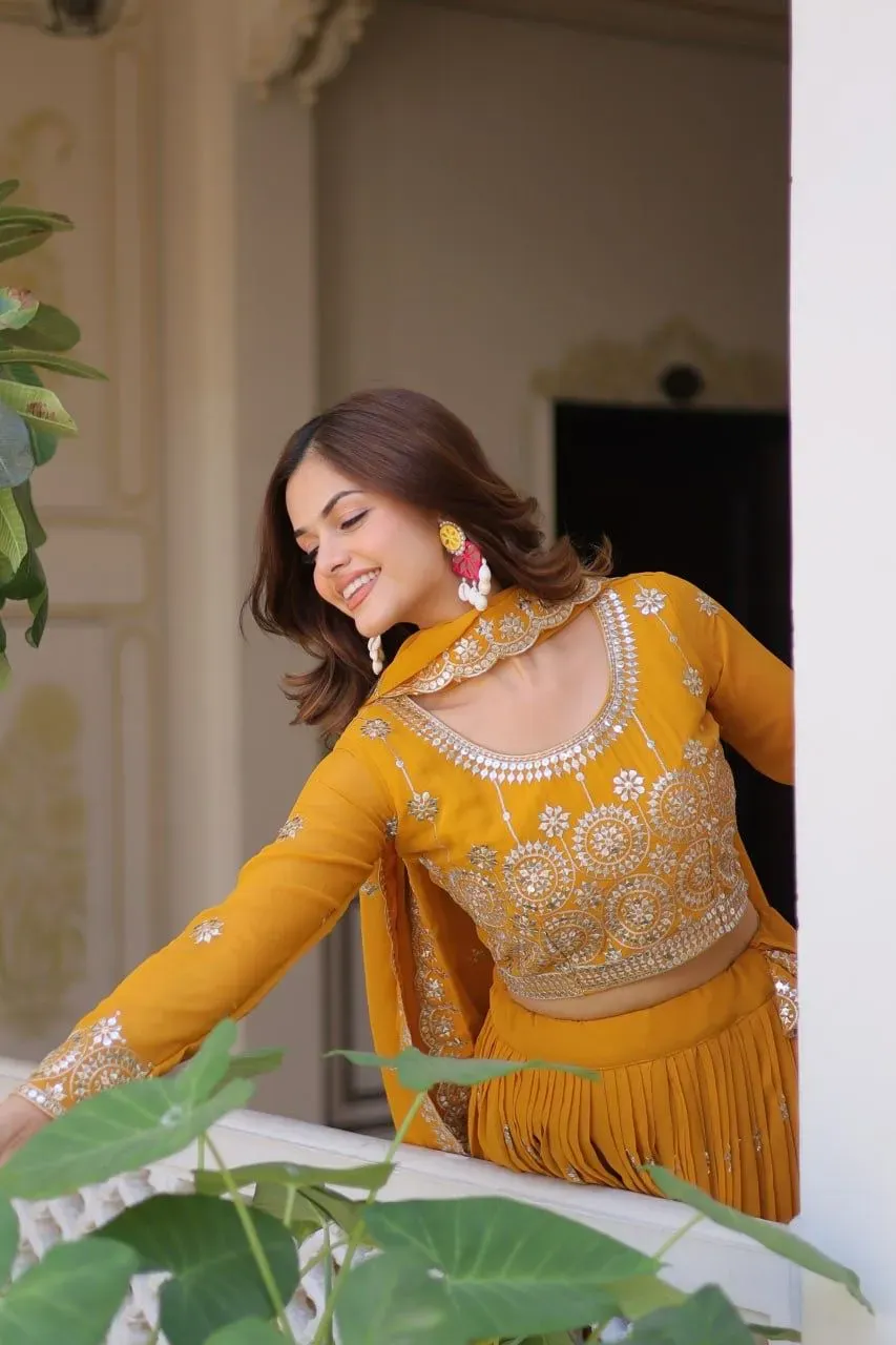 yellow embroidered georgette lehenga choli set with intricate embellishments, perfect for weddings and festive occasions.